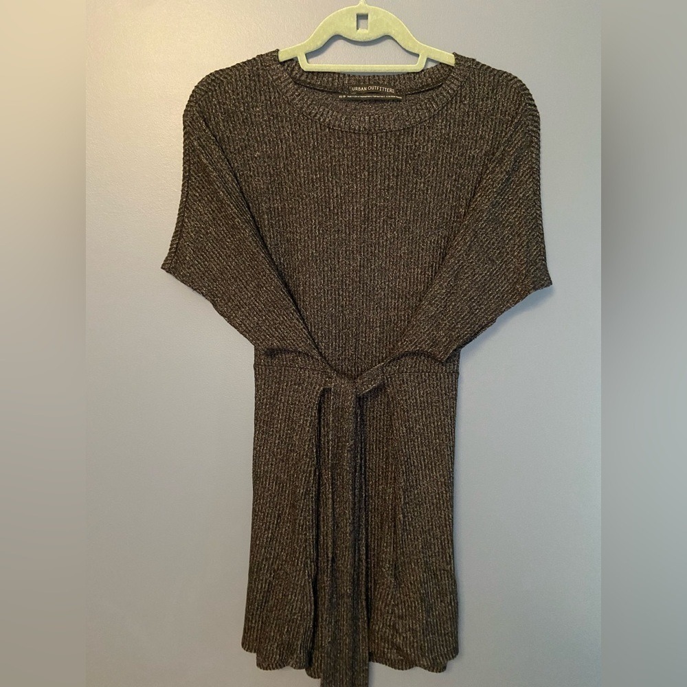 Urban Outfitters Grey Ribbed Knit Dolman Sleeve Tie Waist Mini Dress XS